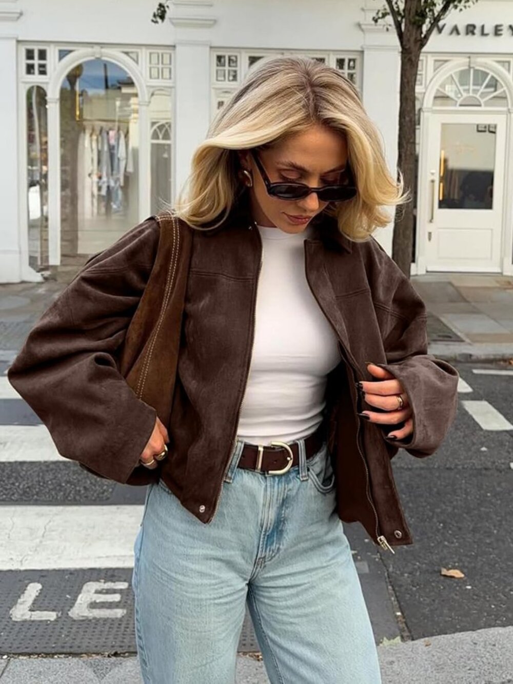 Trendy Women's Oversized Faux Suede Bomber Jacket | Cropped, Zip Up, Casual - Picture 3 of 6